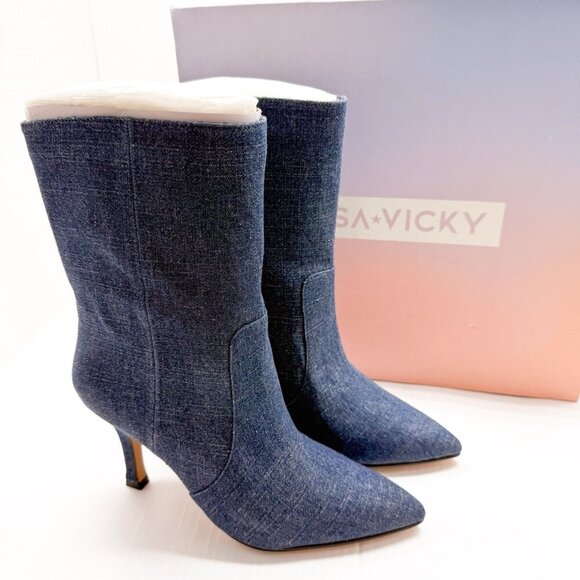 Lisa Vicky Denim Boots Size 7 Blue Arthaul-V Pointed Toe Mid Calf Heels Y2K NIB - Picture 12 of 13